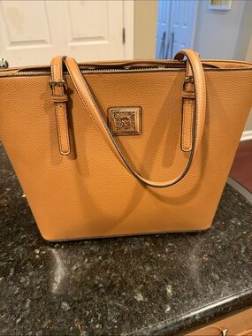 Women's Faux Leather Tote Bag in Tan - Branded Signature Emblem Anne Klein